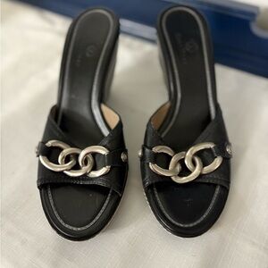Cole Haan Black Wedge Heel Mules with Silver Chain Detail Size 9 N